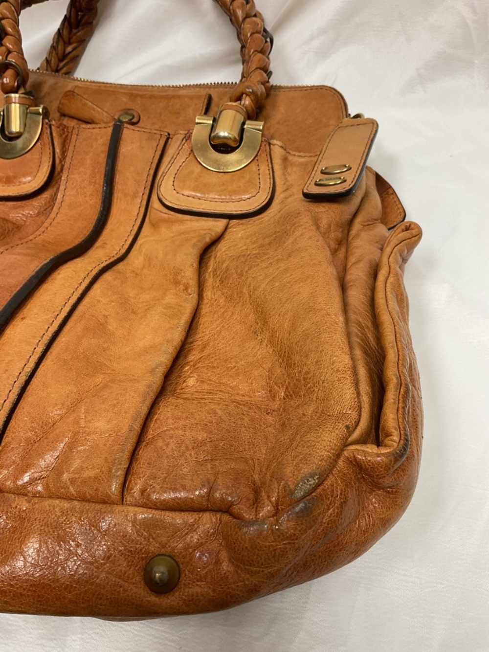 Chloé Paddington Style Tan Leather Satchel Braided Handles Gold Hardware - Picture 14 of 16